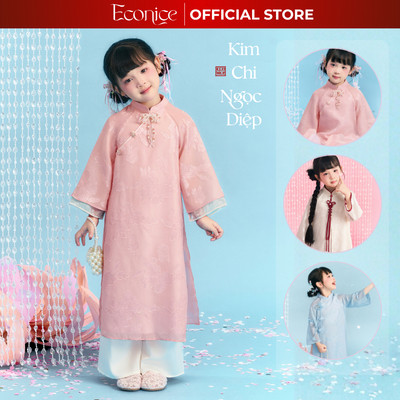 Áo dài tết cách tân cho bé gái 4 tà tơ hoa Econice 2026. Size trẻ em 4, 5, 6, 7, 8, 9, 10,11,12 tuổi