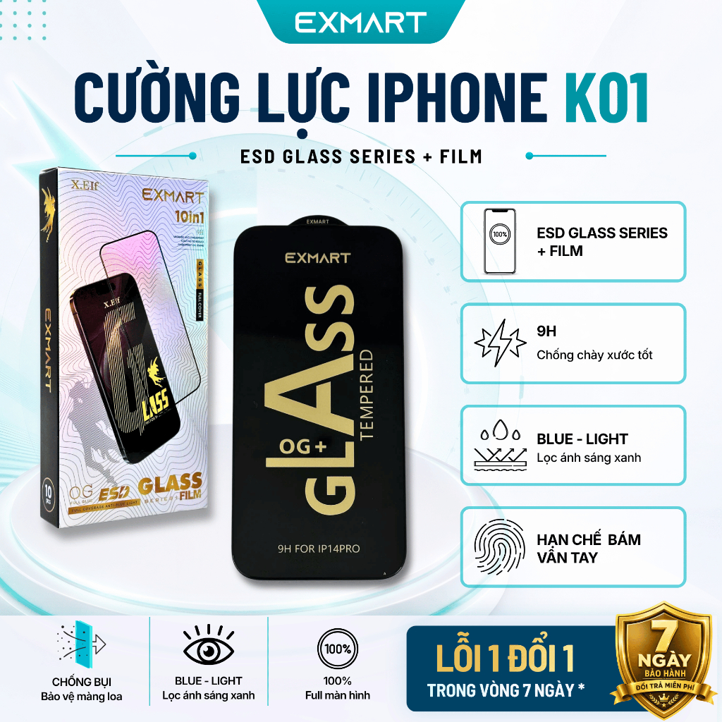 Kính Cường Lực Iphone Exmart K01- Full Màn - IP X Xs Xsmax 11 12 13 14 15 16 17PRM...