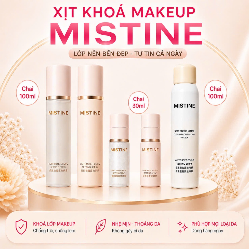 Xịt khoá makeup MISTINE giúp cố định nền trang điểm hiệu quả lì mịn