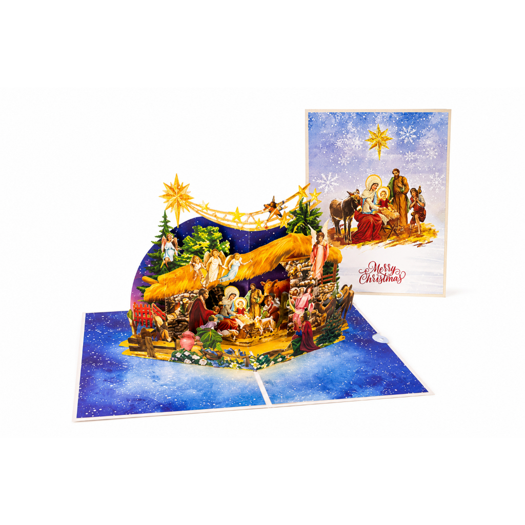 X66-Thiệp 3D Noel Hang Đá Giáng Sinh | Pop Up Card Chúa Jesus Nativity Quà Tặng