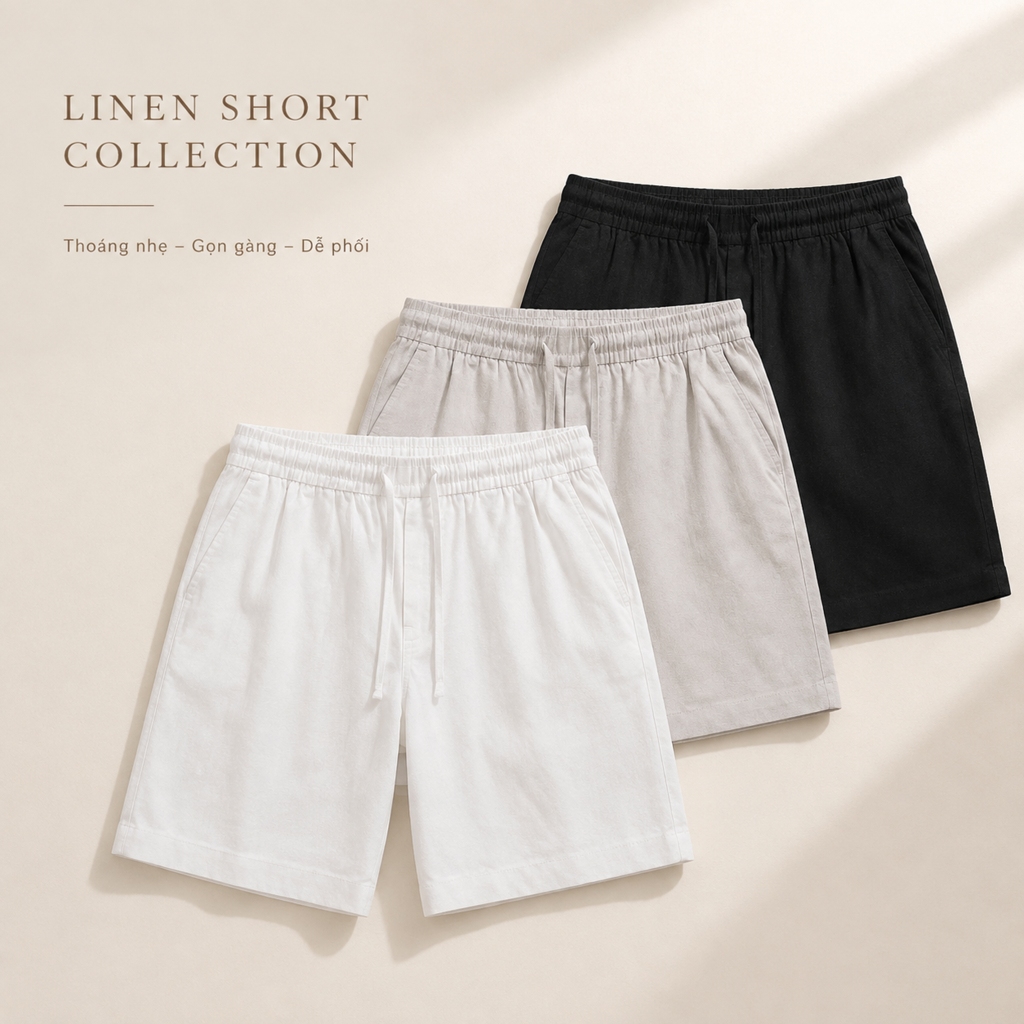 Quần short nam ROWAY Cạp chun dây rút, form suông thoáng nhẹ | Short linen