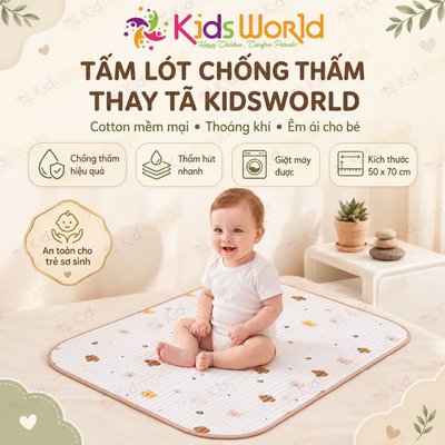 Tấm lót chống thấm chống tràn cotton Organic Tấm lót thay tã cho bé KidsWorld KT 50*70 cm cao cấp
