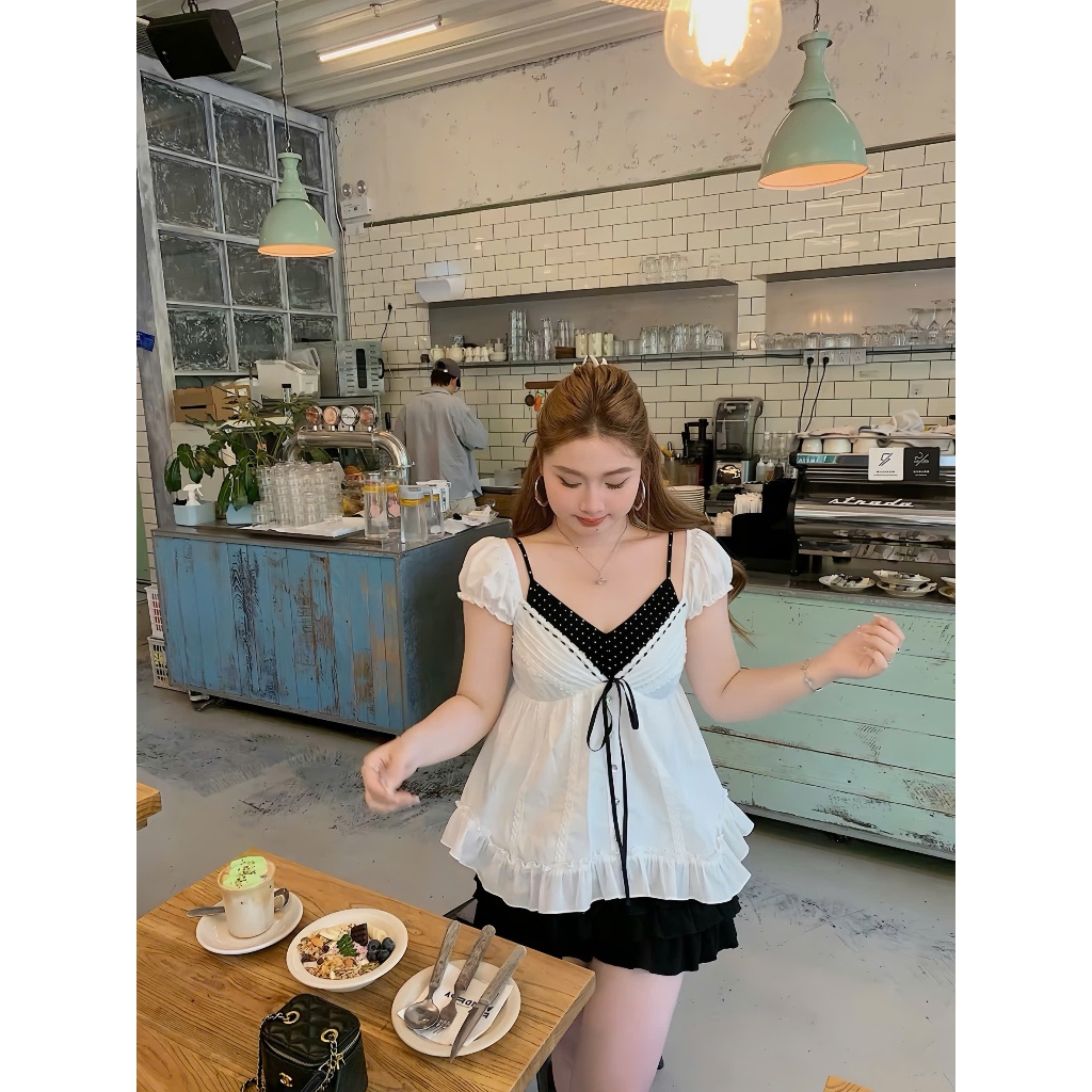 Babydoll Top - Áo Nữ Babydoll Phối Yếm Dáng Xòe Nữ Tính Dễ Thương Phong Cách Tiểu Thư_Có Bigsize A40