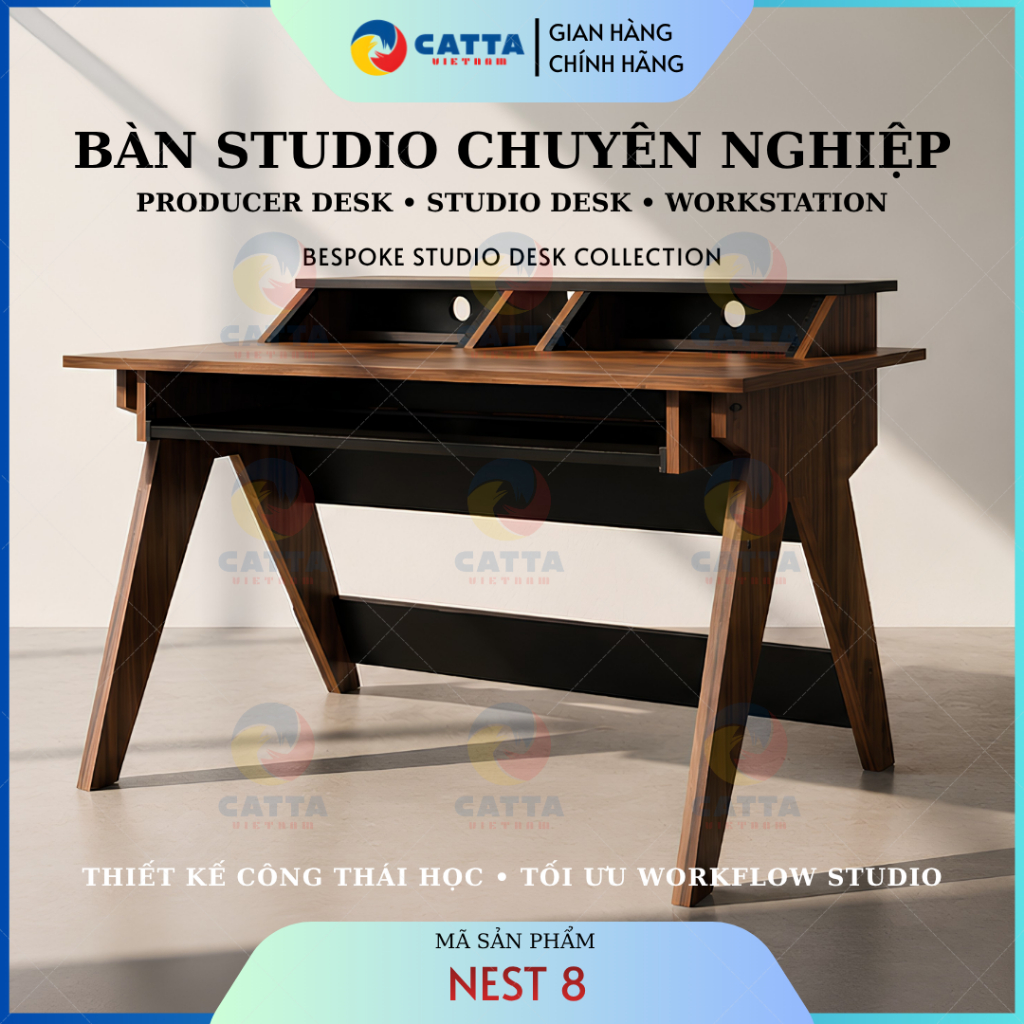 Bàn Studio CATTA NEST 8 – Bàn Làm Nhạc Phòng Thu Có Rack 8U, Khay Trượt Cho Home Studio