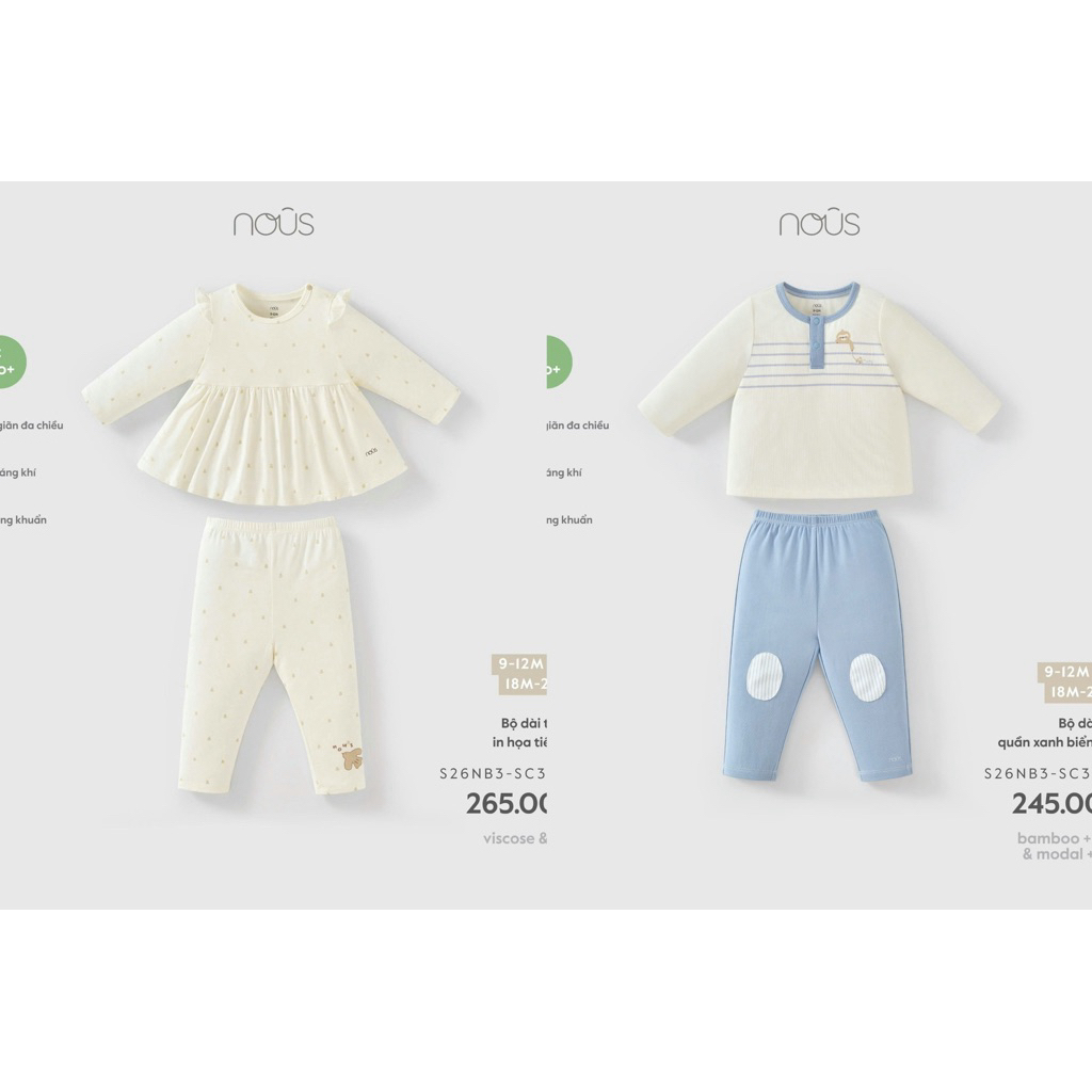 Bộ Đồ Dài Tay Nous Bé Trai Bé Gái Nu Petit Bamboo+ Quần Áo Trẻ Em Vải Bamboo Mềm Mát Cao Cấp 9M-3Y