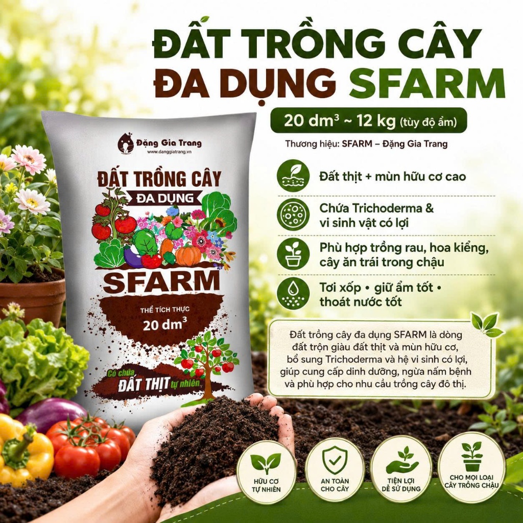 Đất Trồng Cây Đa Dụng SFARM và Lavamix (Bao 20dm ~ 11Kg) Hỗn hợp ĐẤT THỊT, Giá thế và Phân bón giữ nước tốt