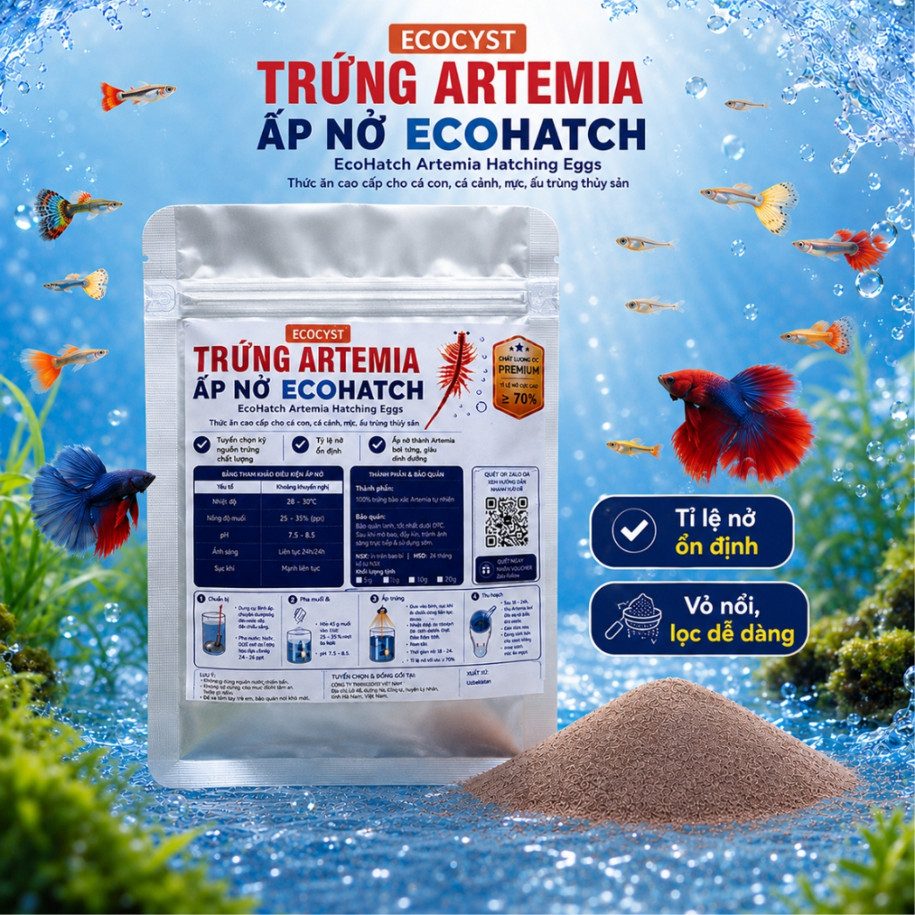 [HÀNG TUYỂN] Trứng Artemia Ấp Nở EcoHatch - Ecocyst - Tỉ lệ nở ổn định, nhỏ mịn, vỏ nổi dễ thu hoạch