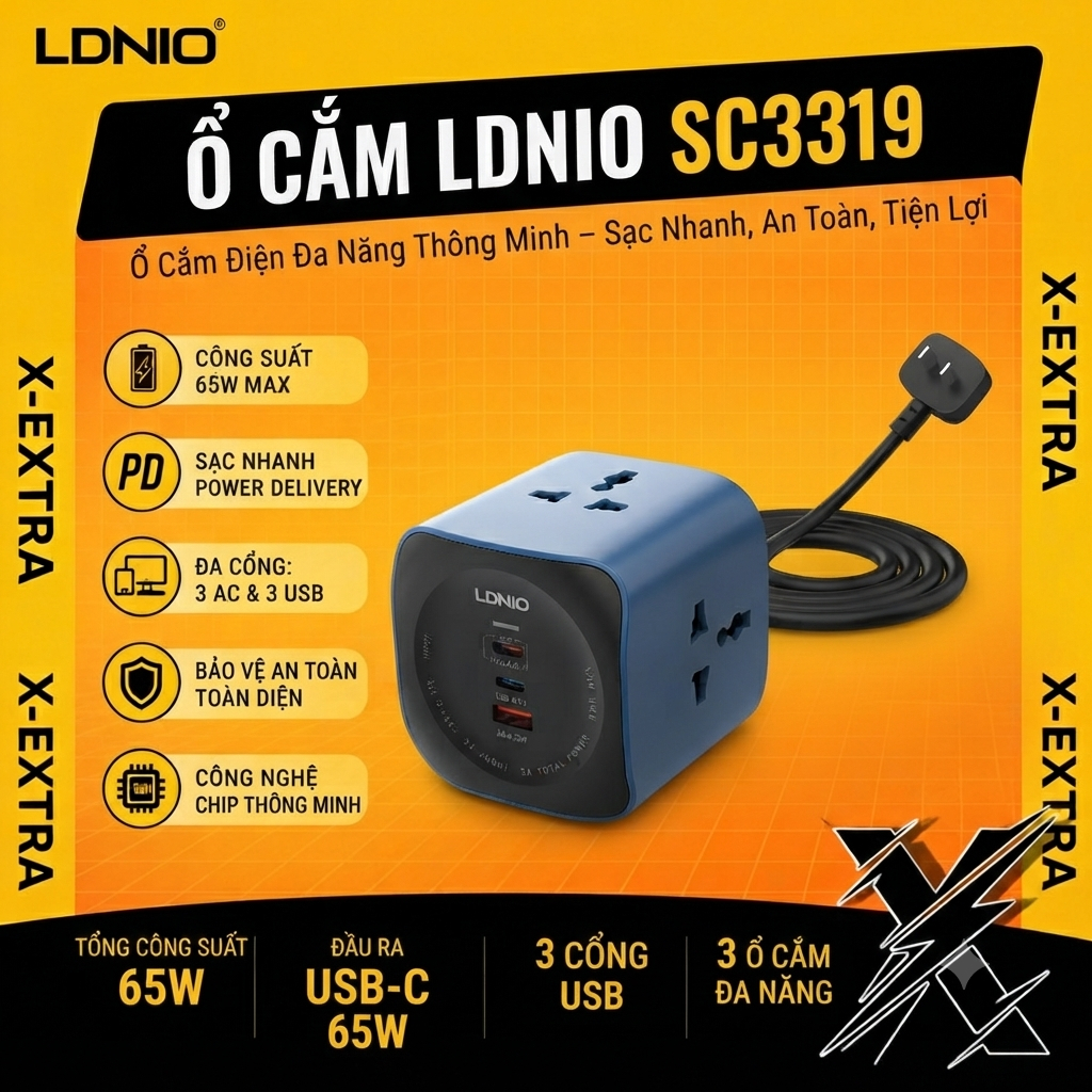Ổ Cắm Điện Đa Năng LDNIO SC3319 65W – Trạm Sạc Nhanh Laptop/Điện Thoại 3 Cổng AC 2500W & 3 Cổng USB 