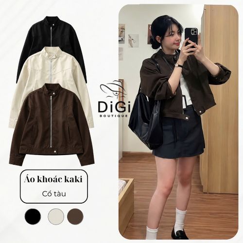 Áo Khoác Kaki Nữ 2 Lớp Cổ Tàu , Áo Khoác Bomber Mặc 4 Mùa Đi Chơi Chất Dày Dặn Form Dáng Rộng DG129