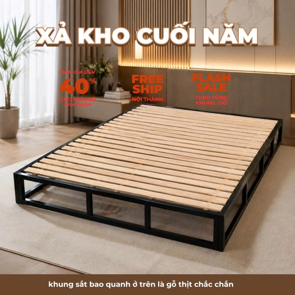Giường Palet Gỗ Khung Sắt Chắc Chắn Phong Cách Tối Giản Cho Phòng Ngủ