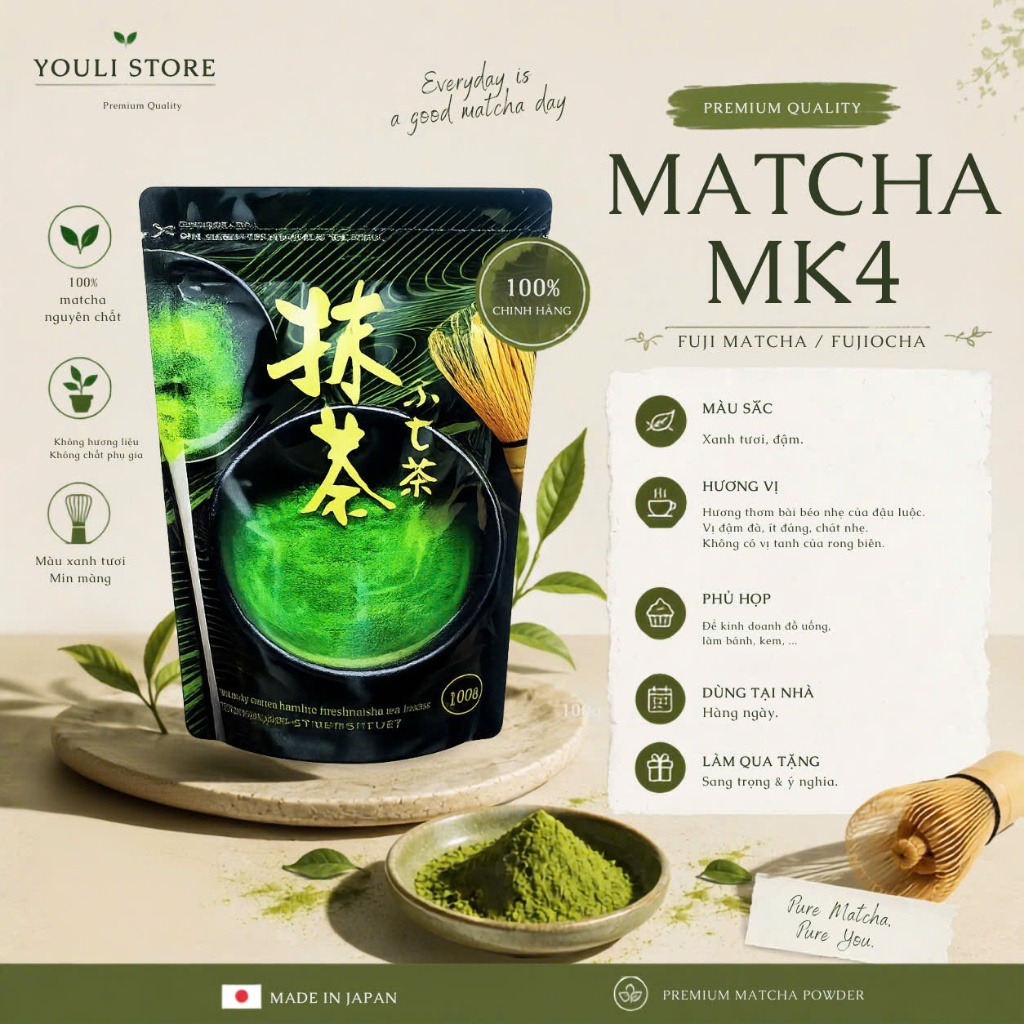 <Sẵn hàng,Bao bì mới> Túi Hãng 100g-500g bột matcha Fuji MK4 - Chính hãng- Thơm vị đậu- Đậm vị Umani