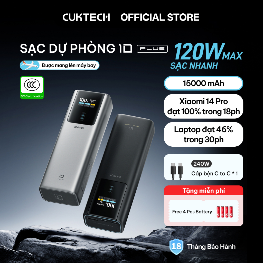 【Được chứng nhận CCC】CUKTECH Sạc Nhanh 120W 15000mAh – Hỗ Trợ Xiaomi 120W Laptop70W Samsung 45W, iP 