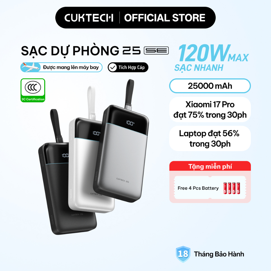 【Được chứng nhận CCC】CUKTECH 120W 25000mAh Sạc Nhanh Công Suất Cao Pin Dự Phòng – Hỗ Trợ Xiaomi 120W