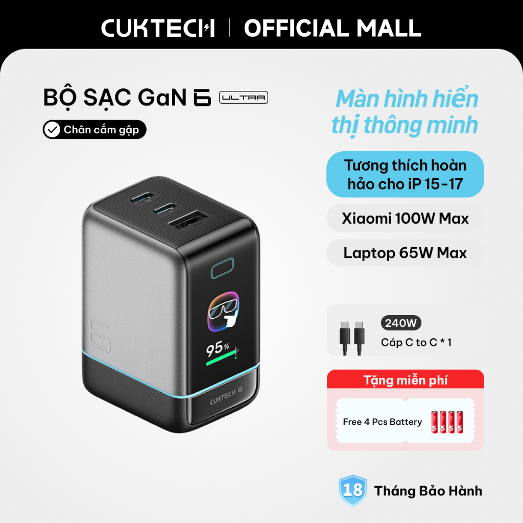 Củ Sạc Nhanh CUKTECH GaN 100W Màn Hình Hiển Thị 3 Cổng Type-C Sạc Laptop 65W Tương Thích iP 17 Pro Max/MacBook/Xiaomi