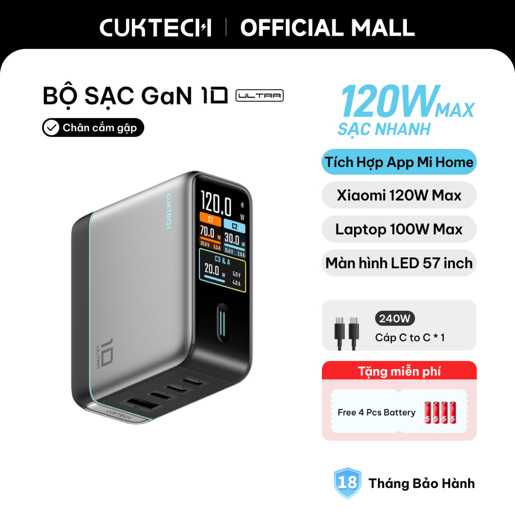 Củ Sạc Nhanh CUKTECH GaN 120W 4 Cổng Điều Khiển App Mi Home Cho Laptop/MacBook/iP 17/16/15 Pro Max/Xiaomi 17/Samsung S26