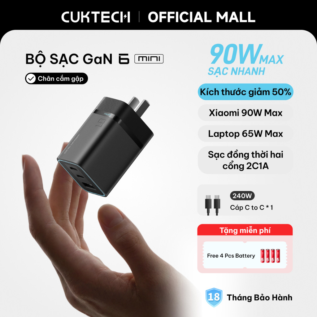 Củ Sạc Nhanh CUKTECH GaN 90W 3 Cổng Siêu Nhỏ Gọn Sạc Laptop 65W Cho iP 17/16/15/Xiaomi 17/Samsung S26/Oppo/Vivo
