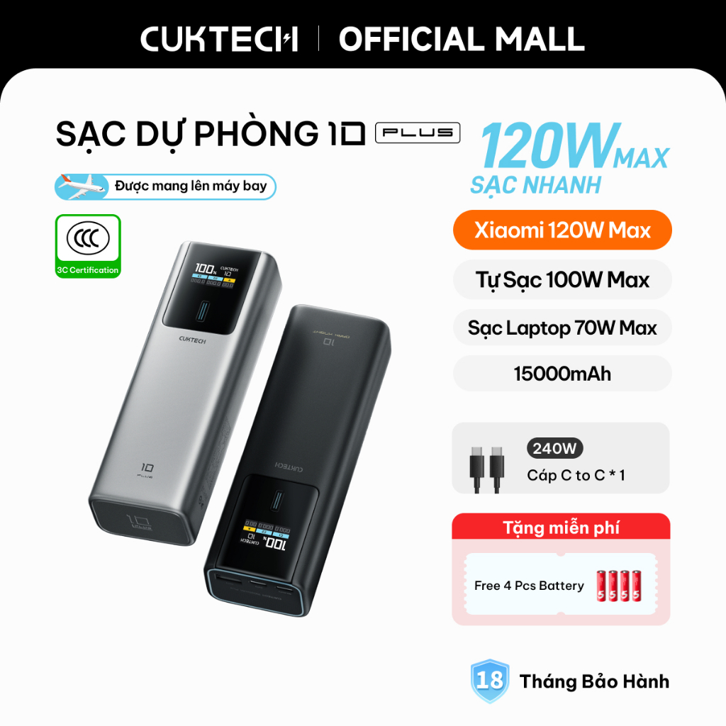【Được chứng nhận CCC】CUKTECH Sạc Nhanh 120W 15000mAh – Hỗ Trợ Xiaomi 120W Laptop70W Samsung 45W, iP 