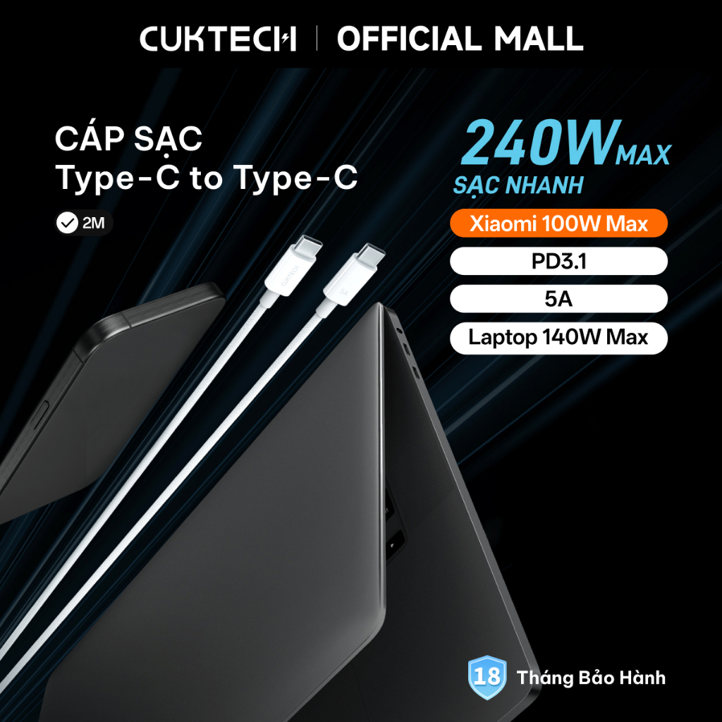 CUKTECH Cáp Sạc Nhanh 240W 5A Type-C to Type-C Hỗ Trợ Xiaomi 100W PD3.1 cho iP16/15, MacBook Samsung