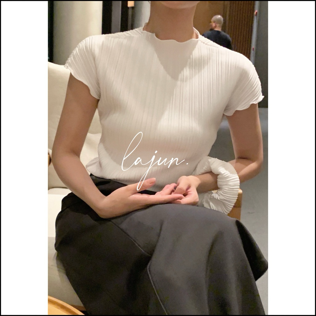 [LAJUN KOREA] Set Áo Scrunchie Pleated Tay Ngắn Viền Nhún Co Giãn Chất Nhẹ Mát Kèm Dây Cột Tóc