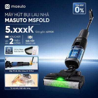 Máy Hút Bụi Lau Nhà Không Dây Cầm Tay Masuto FlexiFold, Lực Hút 15.000Pa Tay gập linh hoạt 90° Tự Vệ Sinh Sấy Khô