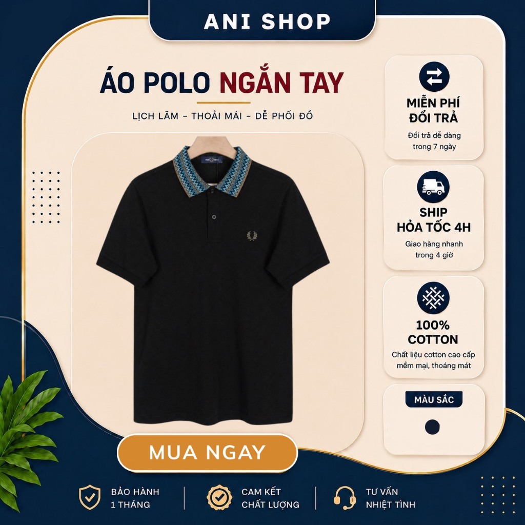 Áo Polo Fred Perry Cổ Họa Tiết Xanh Chính Hãng – Áo Nam Cao Cấp Form Ôm Co Giãn 4 Chiều | Anishop
