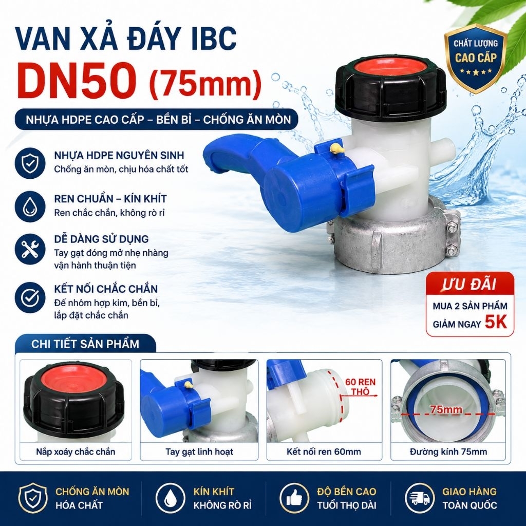 Van xả IBC DN50 tay gạt nhựa - Ren S60,×6 (60mm)- Đầu ra DN50 (2 inch)