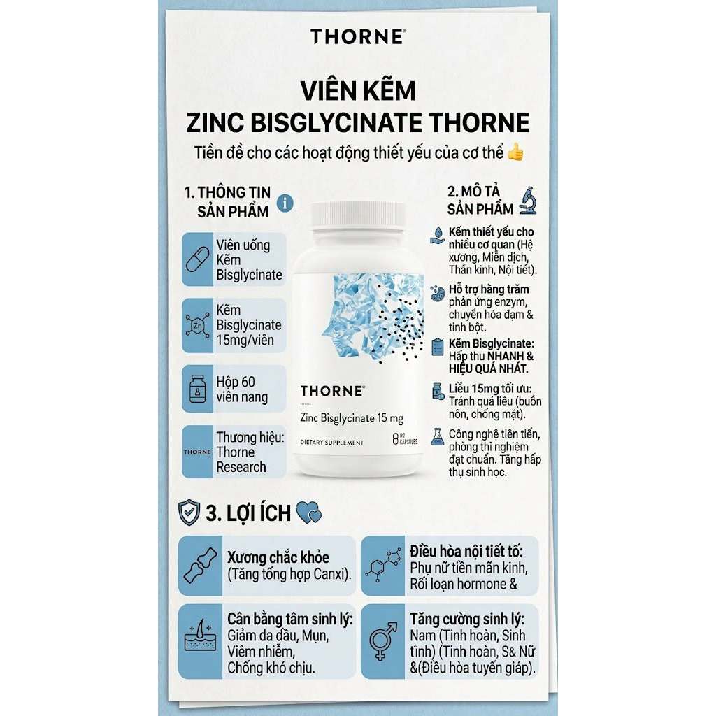 Viên kẽm Zinc Bisglycinate 15mg 60 viên Thorne