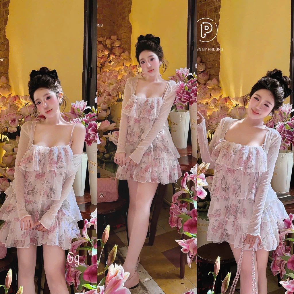 Set Đầm Voan Hoa Nữ Kèm Áo Khoác Cotton Giấy Có Quần Lót Rời Freesize 40-55kg Nữ Tính