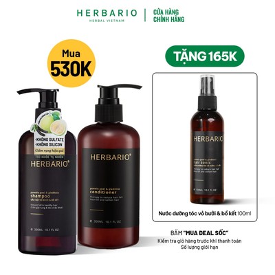 Bộ đôi dầu gội 300ml và dầu xả 300ml vỏ bưởi, bồ kết herbario TẶNG xịt dưỡng herbario 100ml