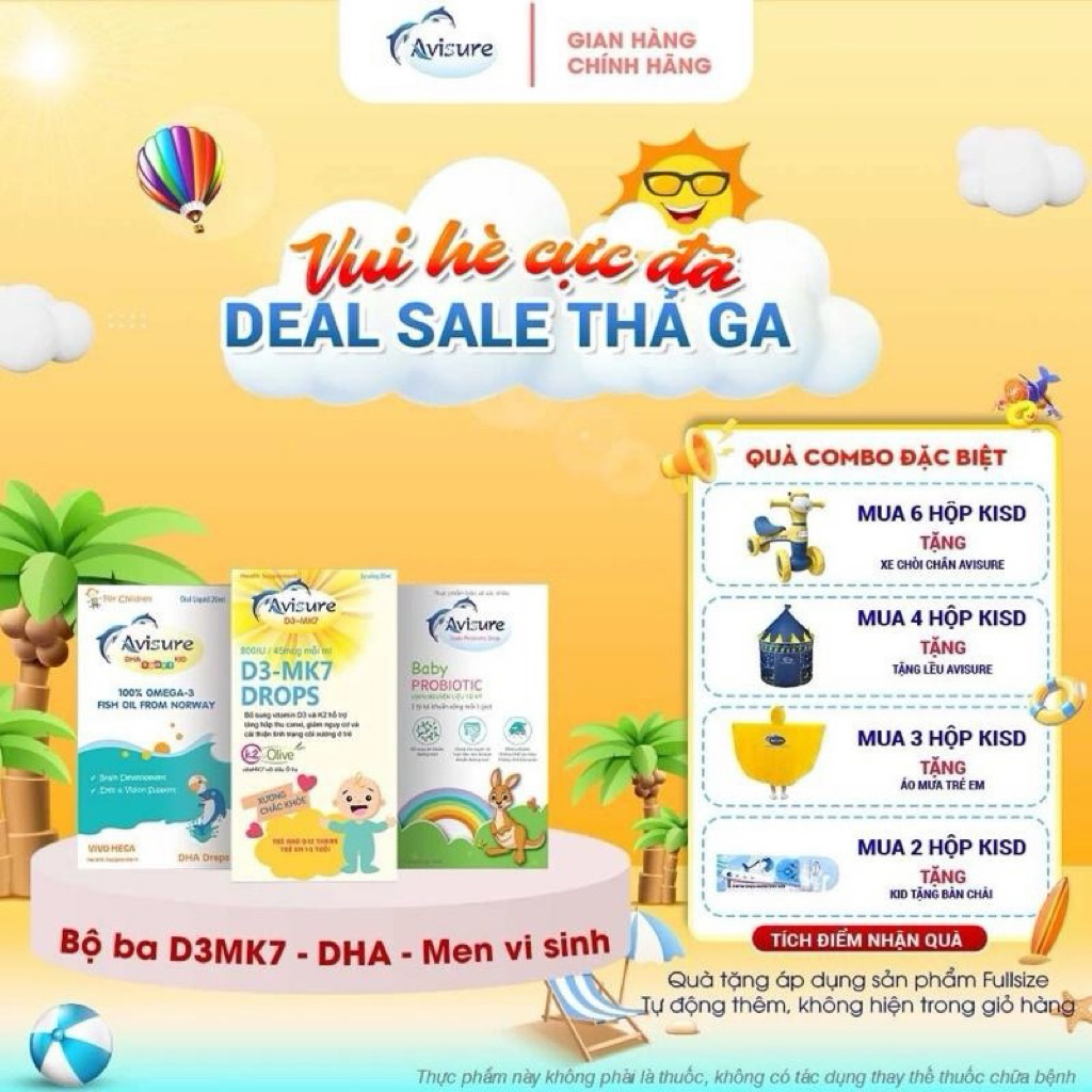 TPBVSK Combo sơ sinh bộ ba Avisure D3MK7, DHA, Probiotic hỗ trợ bé ngủ ngon, tiêu hoá tốt