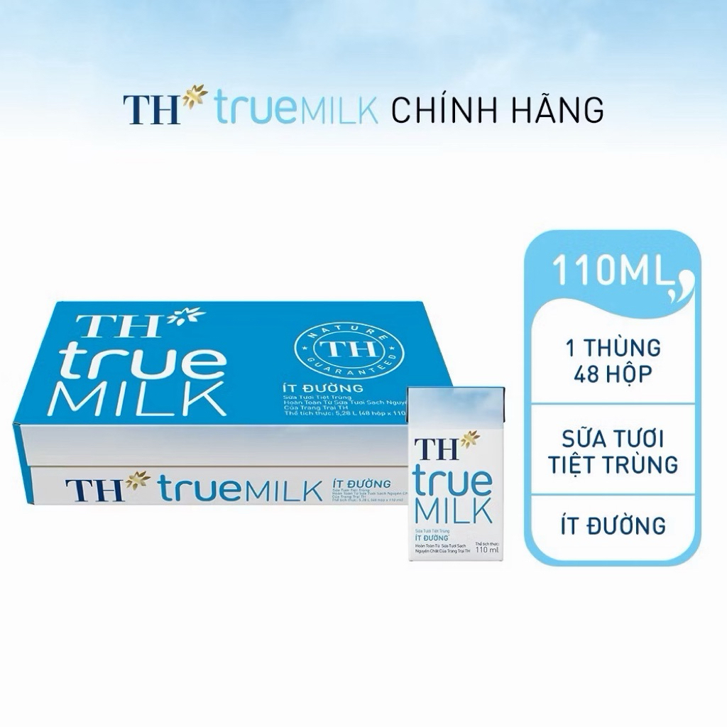 Thùng Sữa Tươi TT TH-TrueMilk Ít Đường 110ml ( 110ml x 48 Hộp)