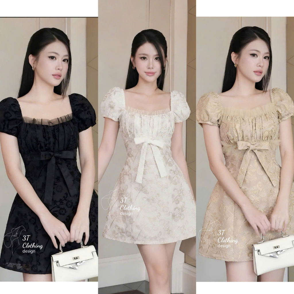 [3T CLOTHING] Đầm Váy Nữ Ren Hoa Cao Cấp Lót Lụa 2 Lớp, Váy Xòe Đính Nơ Kèm Quần Bảo Hộ Đầm Dự Tiệc 
