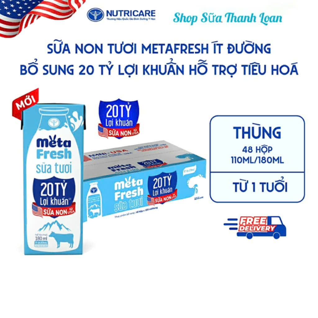 [HSD T11-2026] COMBO 2 Thùng 96 Hộp Sữa Tươi Nutricare Meta Fresh Ít Đường 180ml.