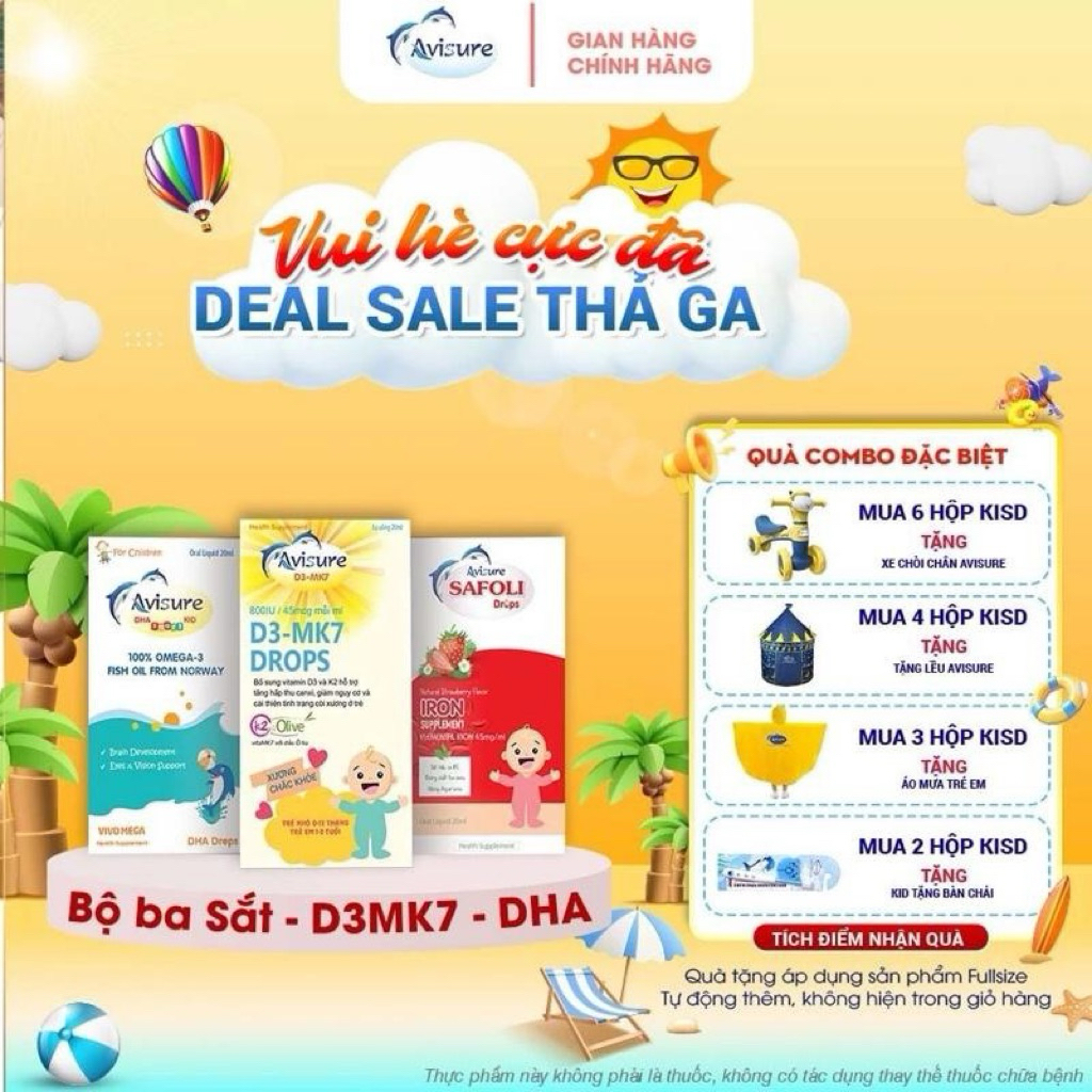 Bộ ba Avisure D3MK7, DHA, Safoli Drop TPBVSK bổ sung D3, DHA, Sắt hữu cơ cho bé