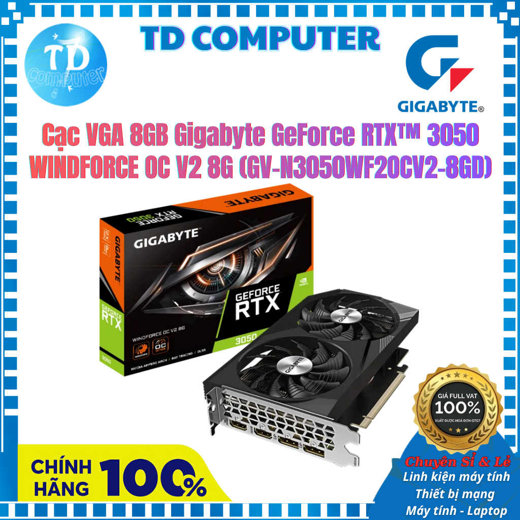 Cạc VGA 8GB GIGABYTE GeForce RTX™ 3050 WINDFORCE OC V2 8G (GV-N3050WF2OCV2-8GD) - Hàng chính hãng Vi