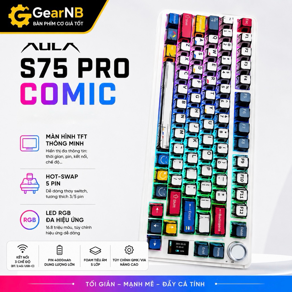 [Hoả Tốc] Bàn phím cơ không dây AULA S75 pro - Có màn led tùy chỉnh - LED RGB xuôi - 3 mode kết nối tiện lợi