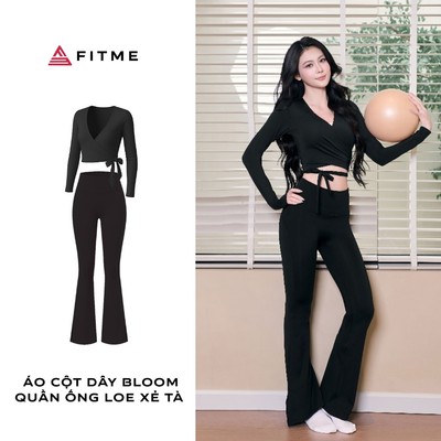 Bộ đồ tập gym, yoga, pilates nữ Fitme áo khoác đen Bloom (không có bra, không mút), quần legging Bloom xẻ tà ống loe