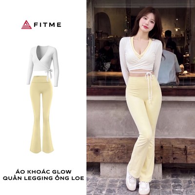 Bộ đồ tập gym, yoga, pilates nữ Fitme áo khoác Glow trắng (không có bra), quần legging ống loe Flare tôn dáng