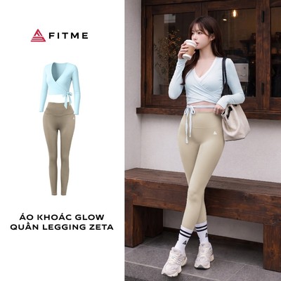 Bộ đồ tập gym, yoga, pilates nữ Fitme áo khoác Glow xanh pastel (không kèm bra), quần legging Zeta thấm hút mồ hôi