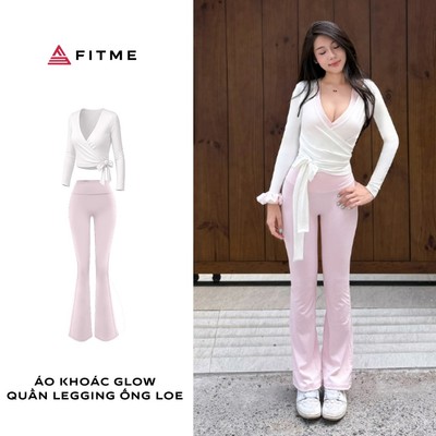 Bộ đồ tập gym, yoga, pilates nữ Fitme áo khoác trắng Serene SL (không kèm bra), quần legging ống loe Flare tôn dáng