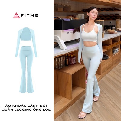 Bộ đồ tập gym, yoga, pilates nữ Fitme áo khoác Goc Xanh Pastel (không kèm bra), quần legging ống loe cạp cao nâng mông