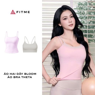 Combo áo hai dây Hồng Pastel Bloom và áo bra Light Grey Theta tập gym, yoga nữ Fitme co giãn thấm hút mồ hôi