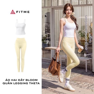 Bộ đồ tập gym, yoga, pilates nữ Fitme áo thun hai dây Trắng Bloom (không kèm bra), quần legging Zeta tôn dáng