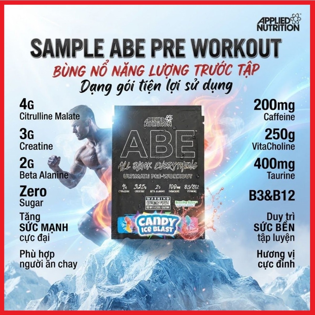 Sample Pre Workout ABE Gói dùng tiện lợi, bột pha nước tăng lực trước tập, tăng sức mạnh, duy trì sứ