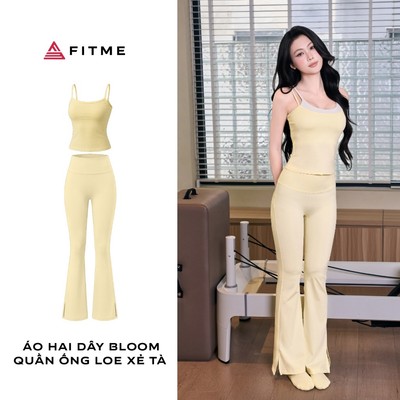 Bộ đồ tập gym, yoga, pilates nữ Fitme áo thun Bloom Vàng Pastel (chưa có bra), quần legging xẻ tà Bloom