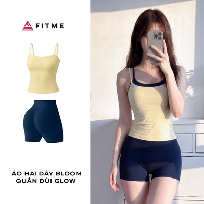 Bộ đồ tập gym, yoga nữ Fitme áo thun hai dây Bloom Vàng Pastel (không kèm bra), quần legging đùi Glow cạp cao nâng mông
