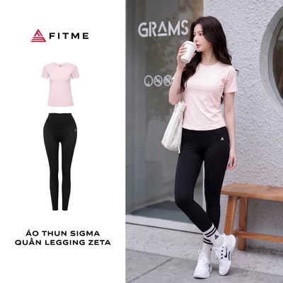 Bộ đồ tập gym, yoga, pilates nữ Fitme áo thun Sigma Hồng pastel, quần legging Zeta cạp cao tôn dáng