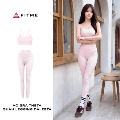 Bộ đồ tập gym, yoga, pilates nữ Fitme áo bra Hồng Pastel Theta, quần legging Zeta Hồng Pastel co giãn 4 chiều