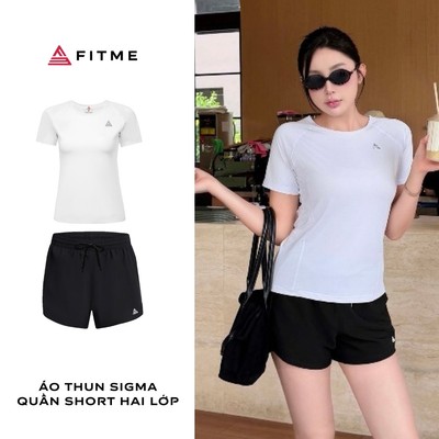 Bộ đồ tập gym, chạy bộ nữ Fitme áo thun Sigma trắng, quần short đen thể thao 2 lớp thoáng khí