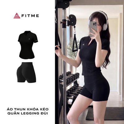 Bộ đồ tập gym, yoga, pilates nữ Fitme áo thun Soft đen, quần legging đùi Glow cạp cao tôn dáng